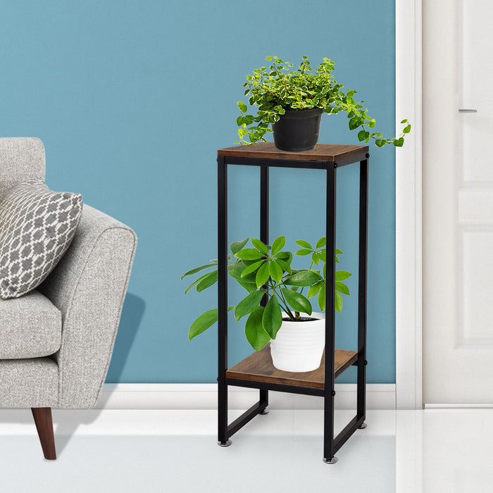 Natura 80cm 2 Tier Wooden Metal Plant Stand | Flower Pot Shelves and Stand in Metal Oak