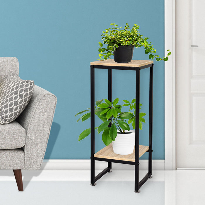 Natura 80cm 2 Tier Wooden Metal Plant Stand | Flower Pot Shelves and Stand in Burlywood