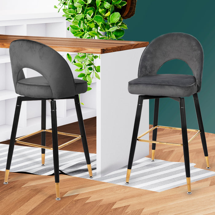 Set of Two Milano Bar Stools | Velvet Swivel Kitchen Barstools in Luxury Grey