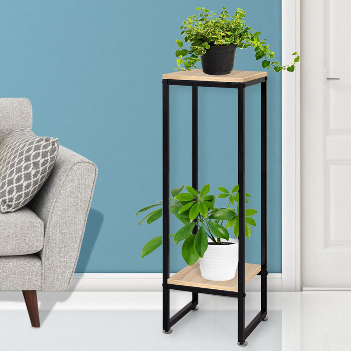 Natura 100cm 2 Tier Wooden Metal Plant Stand | Flower Pot Shelves and Stand in Burlywood