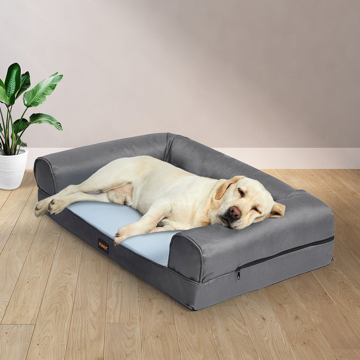Pawzee Cooling Pet Bed Sofa with Mat Bolster | Insect Repeller Infused Pet Bed in Grey Medium