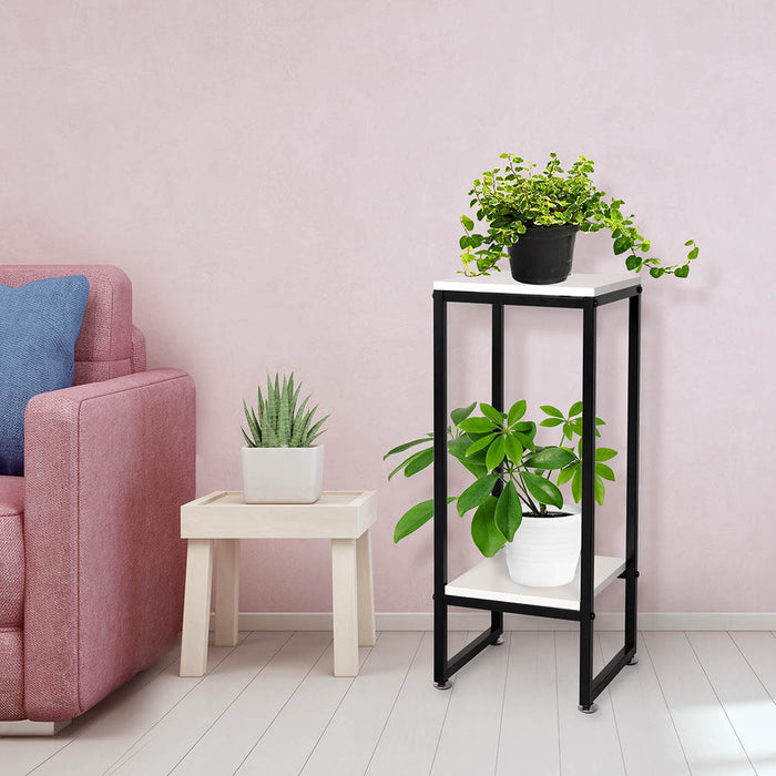 Natura 60cm 2 Tier Wooden Metal Plant Stand | Flower Pot Shelves and Stand in White