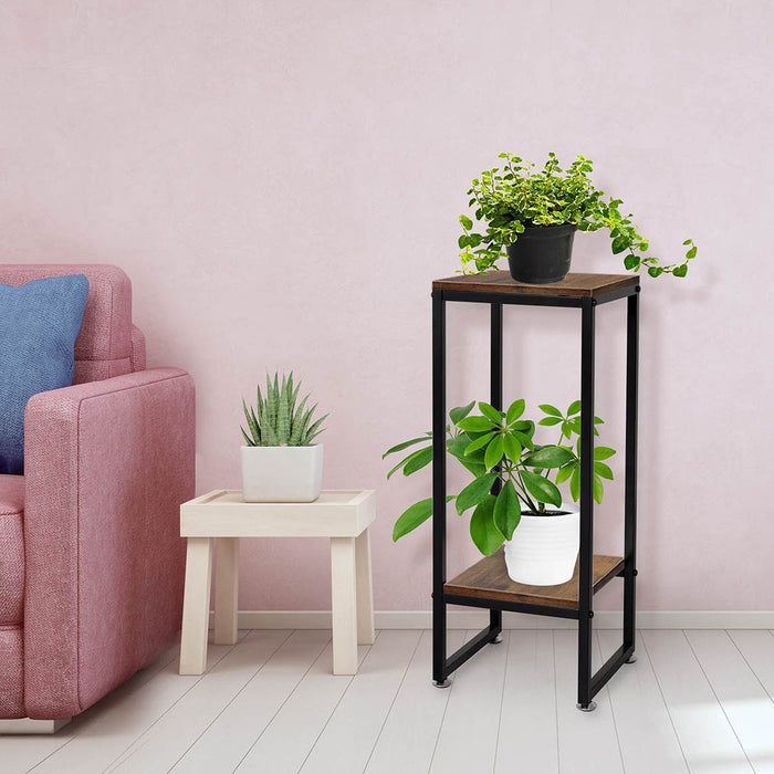 Natura 80cm 2 Tier Wooden Metal Plant Stand | Flower Pot Shelves and Stand in Metal Oak