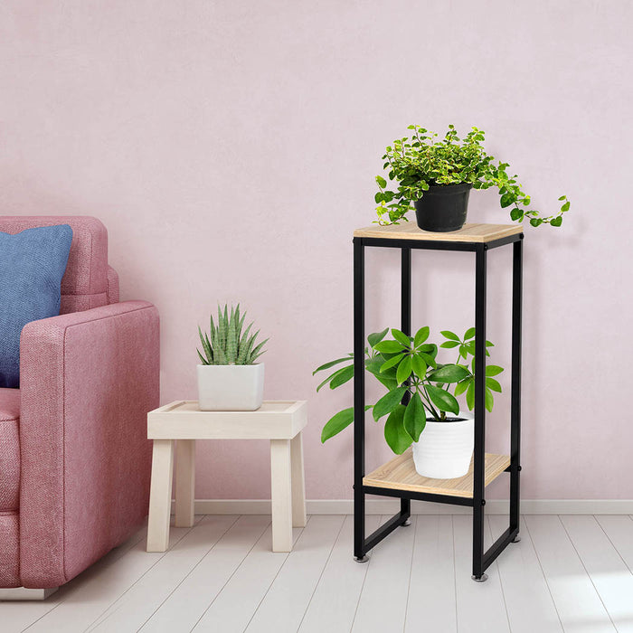 Natura 80cm 2 Tier Wooden Metal Plant Stand | Flower Pot Shelves and Stand in Burlywood