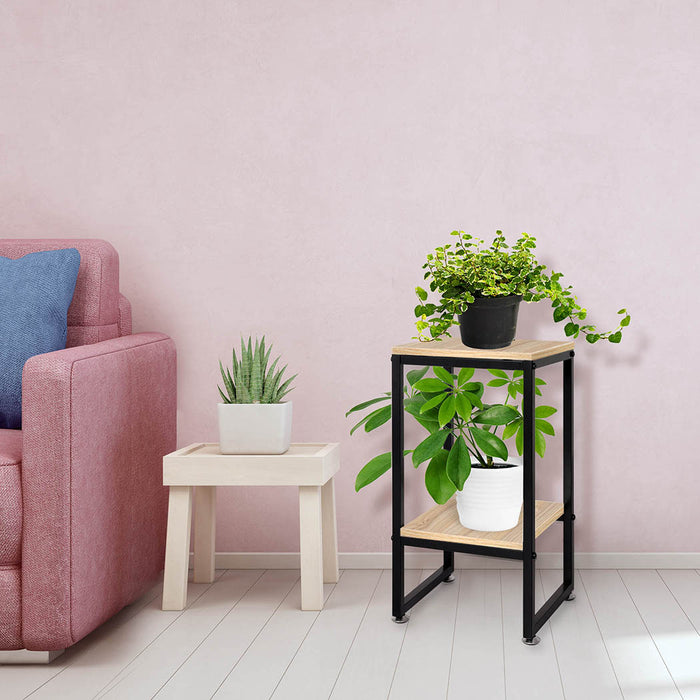 Natura 60cm 2 Tier Wooden Metal Plant Stand | Flower Pot Shelves and Stand in Burlywood