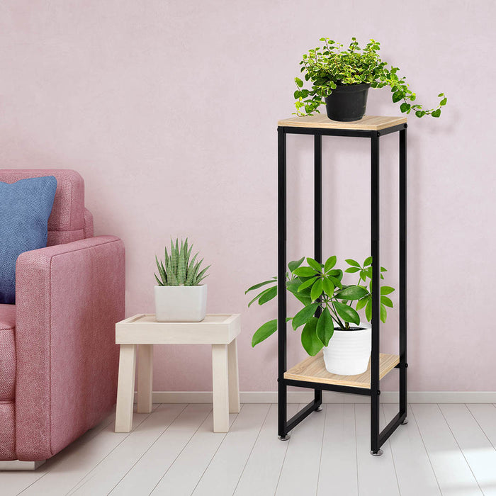 Natura 100cm 2 Tier Wooden Metal Plant Stand | Flower Pot Shelves and Stand in Burlywood