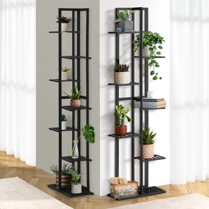 Natura 7 or 12 Tier Black Bamboo Plant Stand Tower | Multi Level Plant Flower Pot Shelf Rack Décor Stand Display Unit