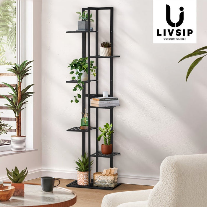 Natura 7 or 12 Tier Black Bamboo Plant Stand Tower | Multi Level Plant Flower Pot Shelf Rack Décor Stand Display Unit