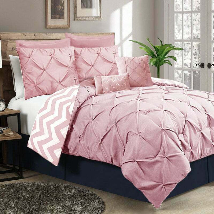 7 Piece Pinch Pleat Comforter Set | Pintuck Quilt Bedding Cover Set | Diamond Embroidery Pintuck Duvet Cover | 3 Sizes - 5 Colours