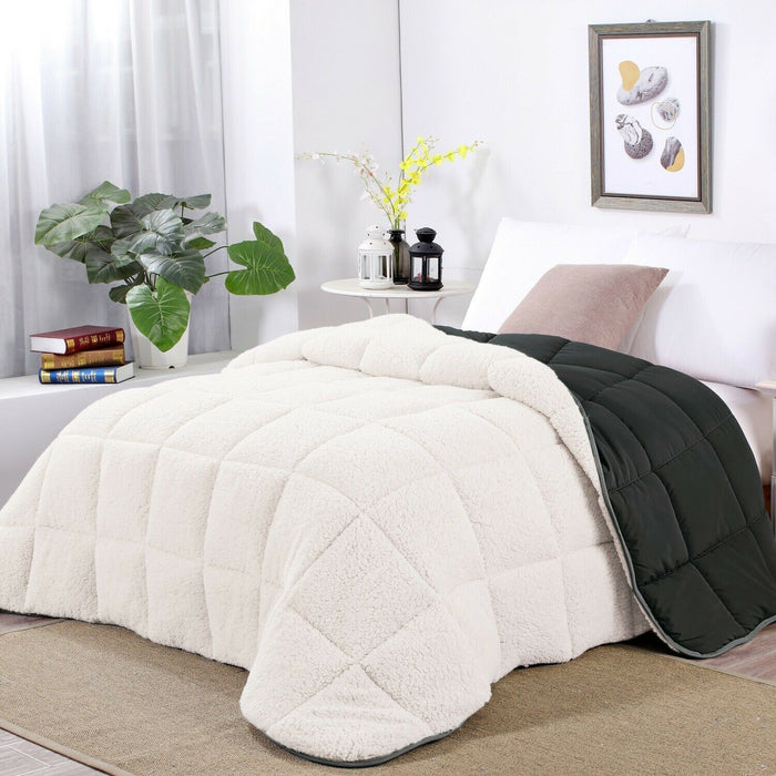 3pc Sherpa Fleece Comforter Set | Reversible 2 Side Warm Comforter | 3 Sizes - 4 Colours Quilts & Comforters Double / Reverse Side - Charcoal Ontrendideas Bed and Bath