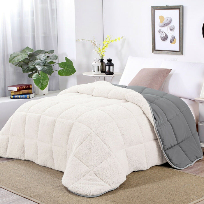 3pc Sherpa Fleece Comforter Set | Reversible 2 Side Warm Comforter | 3 Sizes - 4 Colours Quilts & Comforters Double / Reverse Side - Sleet Ontrendideas Bed and Bath
