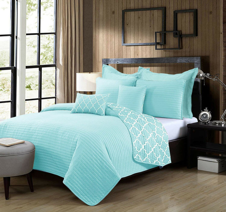 7 Piece Bamboo Reversible Comforter Set | Luxury 2-Sided 7pc Coverlet Quatrefoil Set | 2 Sizes - 5 Colours Quilts & Comforters Queen / Aqua Ontrendideas Bed and Bath