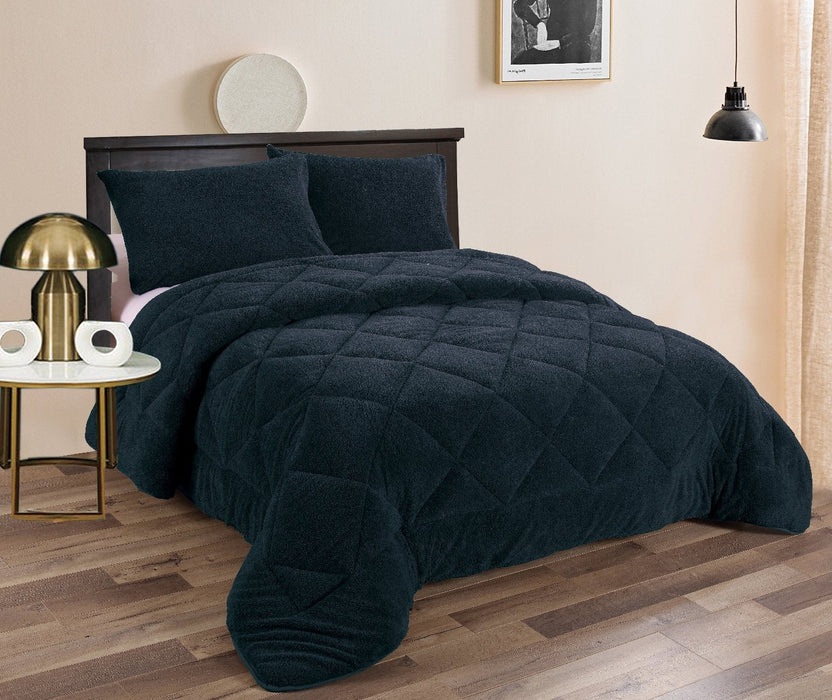Fluffy Soft Teddy Fleece 3pc Comforter Set | Ultra Warm Bedding Fluffy Comforter | 2 Sizes - 4 Colours Quilts & Comforters Queen / Navy Ontrendideas Bed and Bath